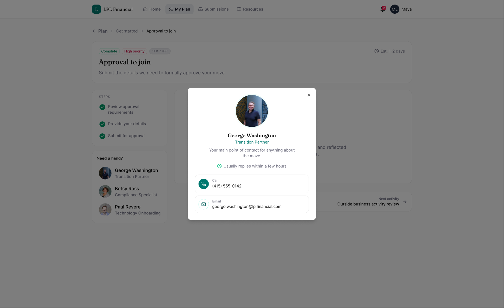 Transition partner contact card with direct phone and email