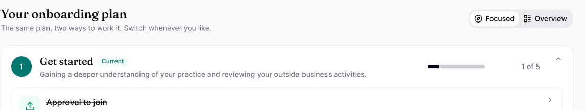 Your onboarding plan — the same plan, two ways to work it: Focused and Overview