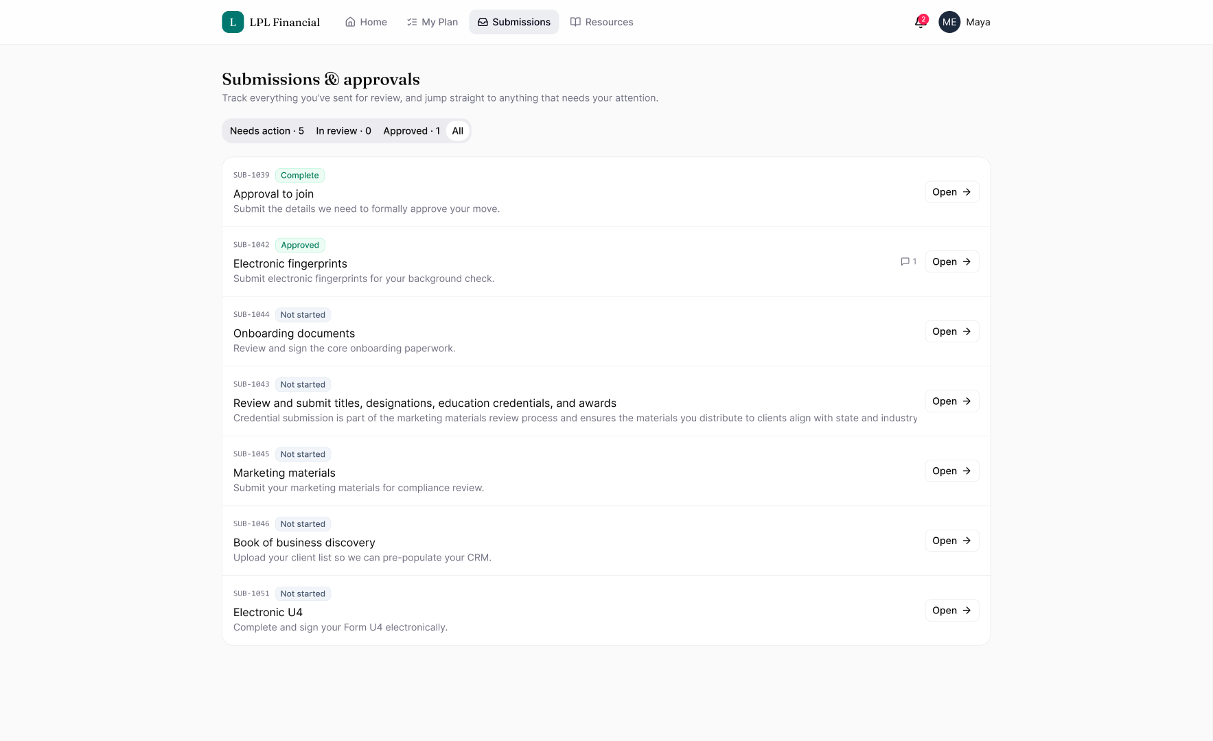 Submissions and approvals queue with status filters